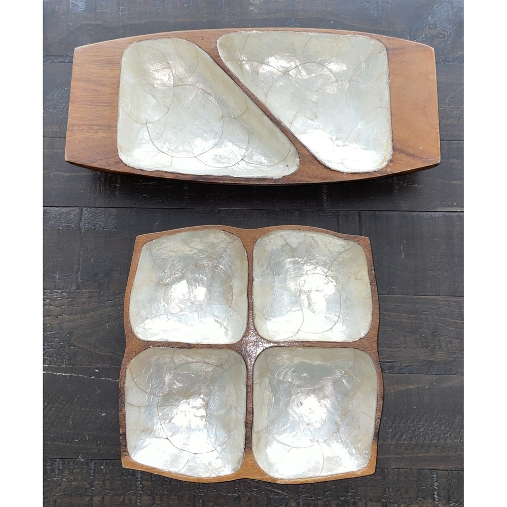 Vintage Monkey Wood Capiz Shell Inlay Divided Dish Décor Tray Lot Of Two‎
